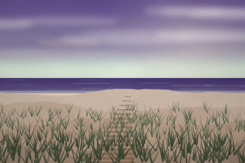 Ashen dunes with sparse grass and a wooden walkway leading toward the sea.