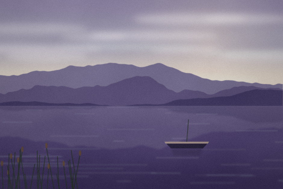A still lake reflecting distant violet hills, with reeds and a small boat.
