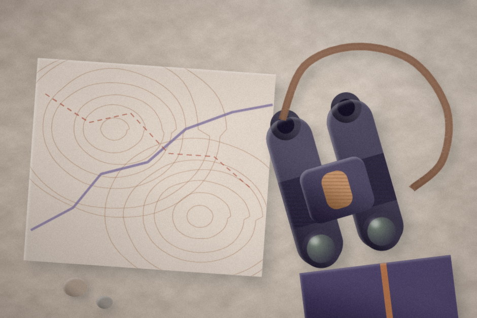 A pair of field glasses, a marked map, and a notebook laid out on a table.
