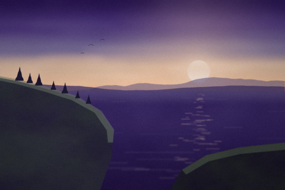 Dark cliffs and pine trees above a still sea at dusk.