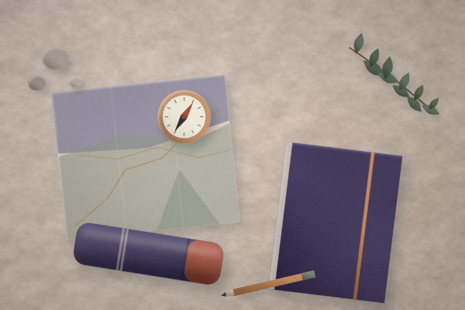 A folded map, compass, flask, notebook, and pencil laid out on parchment.