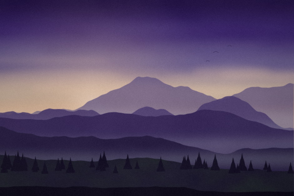 Layered violet mountain ridges at dusk above a dark belt of pine trees.