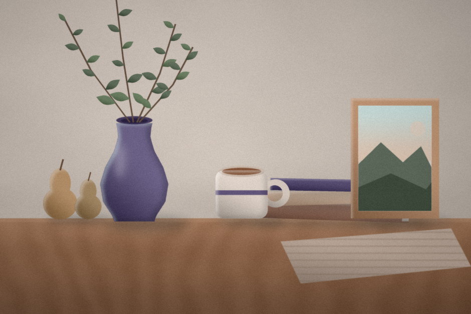 Still life with a vase of leafy branches, pears, a mug, and books on a wooden desk.